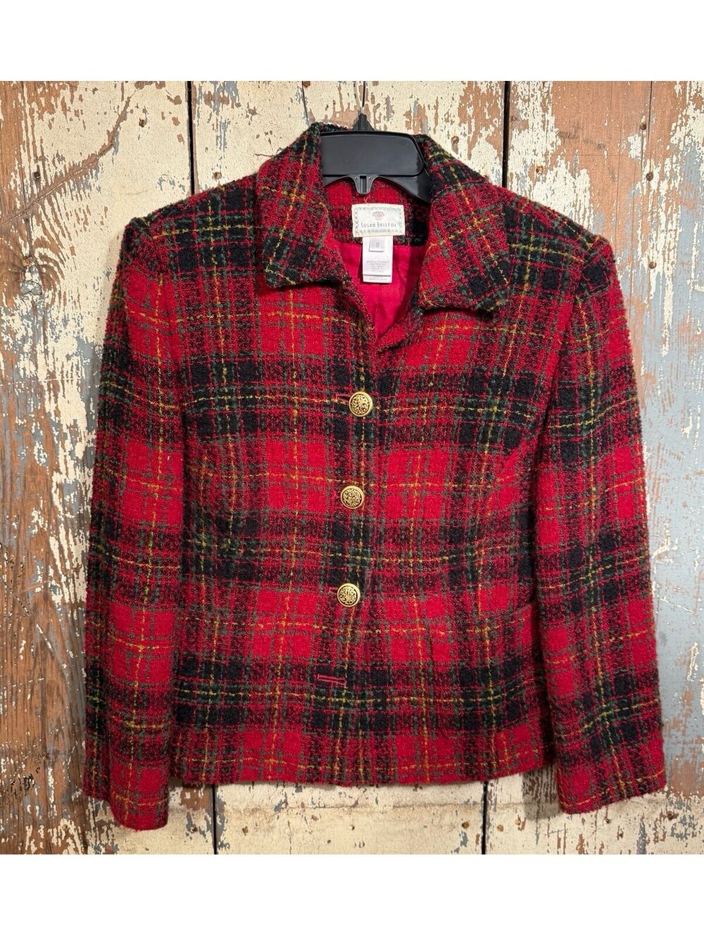 Vintage Susan Bristol red black plaid tweed blazer size 8, girl boss office
